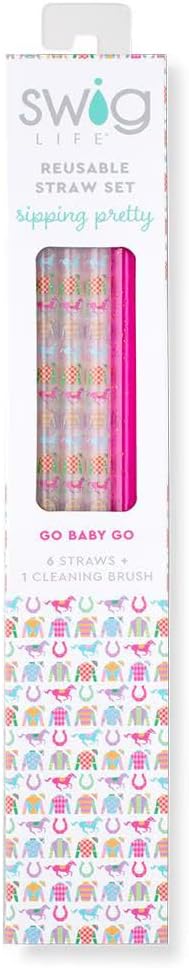 Swig Life Reusable Straws Go Baby Go + Pink Glitter Tall Straw Set & Cleaning Brush, Each Straw is 10.25 inch Long, Kentucky Derby, Horse Racing (Fits Swig Life 20oz Tumblers, 22oz, and 32oz Tumblers)