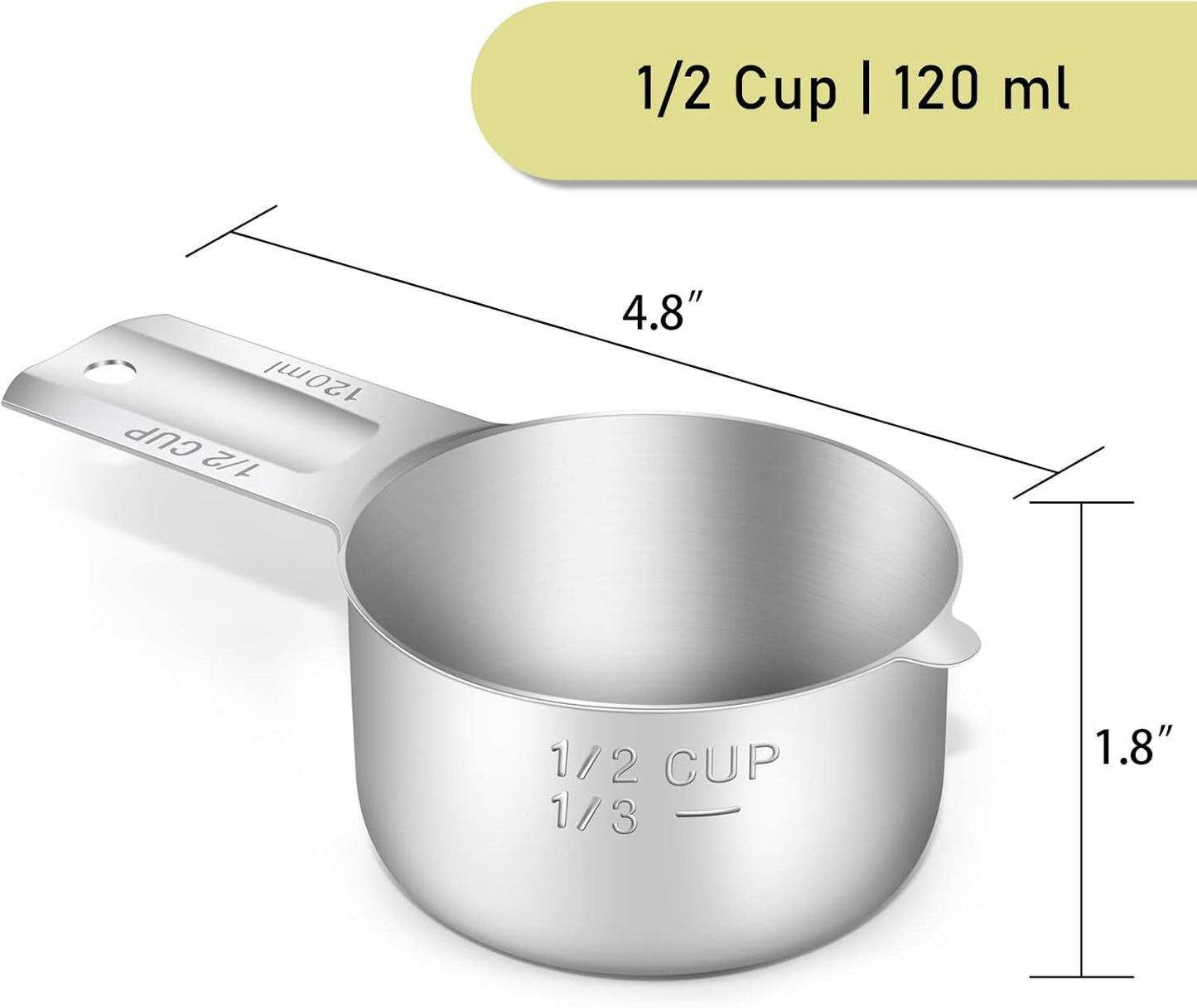 2PCS 1/2Cup (120ml, 4oz) Single Measuring Cup, Stainless Steel Measure Scoop, Metric and US Measurement, Dishwasher Safe