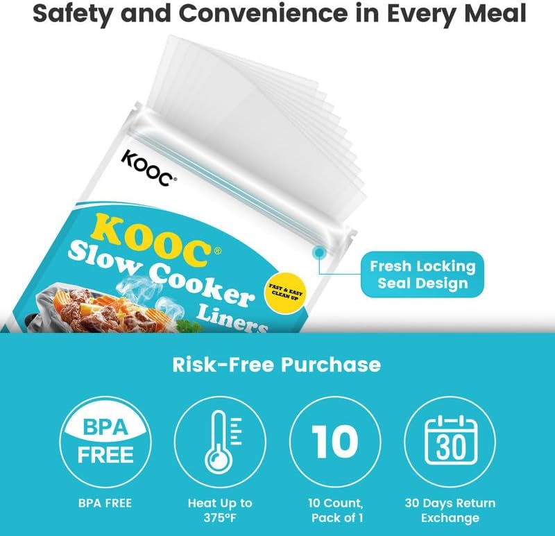 KOOC Slow Cooker Liners 10"x13" 10 count Small Size Disposable Pot Liners Cooking Bags Fit 1.5 qt to 2 qt Pot BPA Free Fresh Locking Seal Design