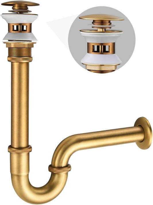 Bathroom Sink Stopper P-Trap Complete Set, Adjustable 1-1/4 Bottle Trap Sink Drain Kit Tube and Pop Up Drain Stopper Set with Overflow, Antique