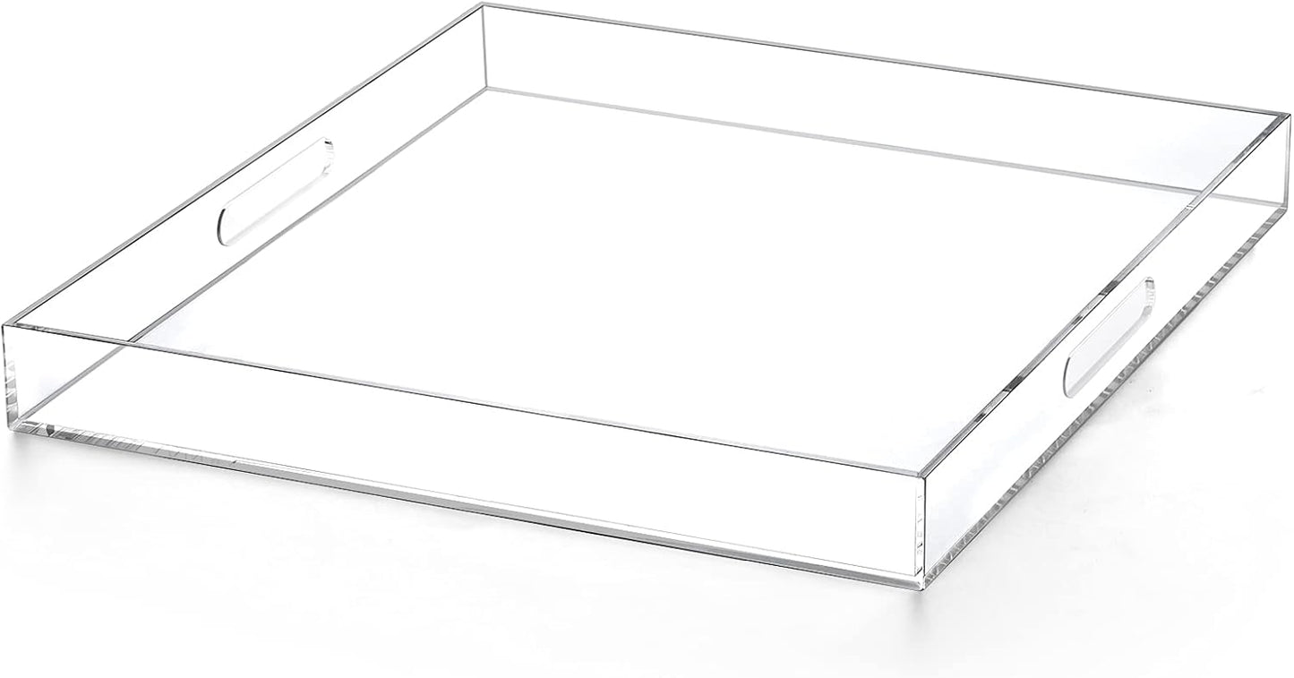 Clear Acrylic Ottoman Tray with Cutout Handles 20x20 Inch Over Sized Serving Tray, Organizer Rubber Boot Tray Decorative for Living Room Bedroom,Bathroom and Entryway Kitchen Tabletop
