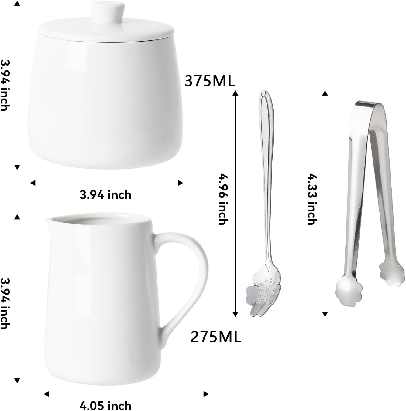 Sugar and Creamer Set, 4 Piece with Creamer Pitcher, Sugar Bowl with Lid and Spoon, Sugar Cube Tongs, for Coffee Accessories, Ceramic Coffee Serving Set