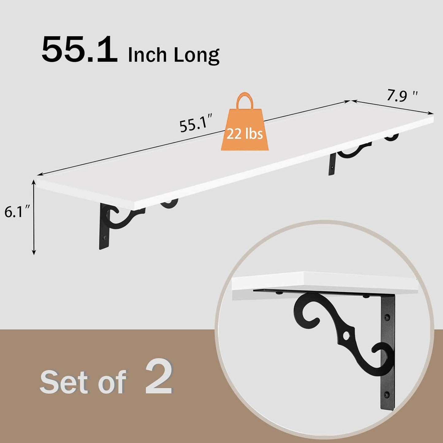 DINZI LVJ Long Wall Shelves, 55.1" Large Floating Shelves Set of 2, Wide Display Shelf Wall Mounted with Brackets, Easy Hanging for Living Room, Toilet, Office, Bedroom, White