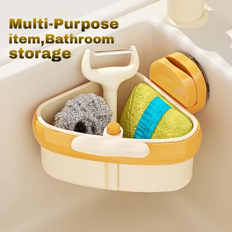Suction Cup Sink Corner Rack, 2025 Upgrade Corner Sink Strainer Basket, One-Press Automatic Dumping, Suction Cup Press Sinks Drainer Basket, Sponge Storage Rack, Durable and Easy Cleaning Y