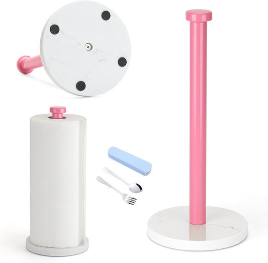 Standing Paper Towel Holder, Kitchen Paper Towel Roll Holder- for Bathroom Kitchen Countertop with Weighted Marble Base for One-Handed Operation (Pink), Pink Paper Towel Holder