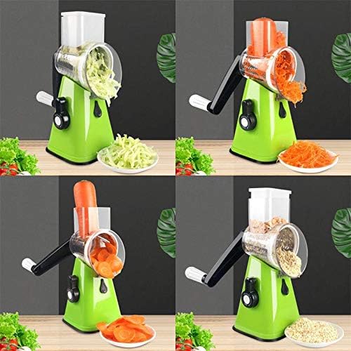 Manual Rotary Potato Grater Kitchen Mandoline Vegetable Slicer，with 3 Interchangeable Blades，Easy to use (Green)