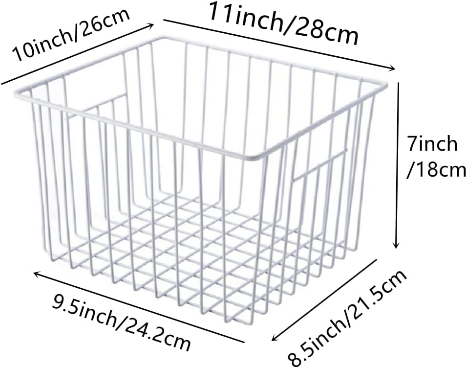 Slideep 11'' Farmhouse Freezer Food Storage Organizer Baskets Modern Refrigerator Metal Wire Basket Bin with Built-in Handles for Kitchen, Pantry, Bathroom, Cabinets, White -Set of 6
