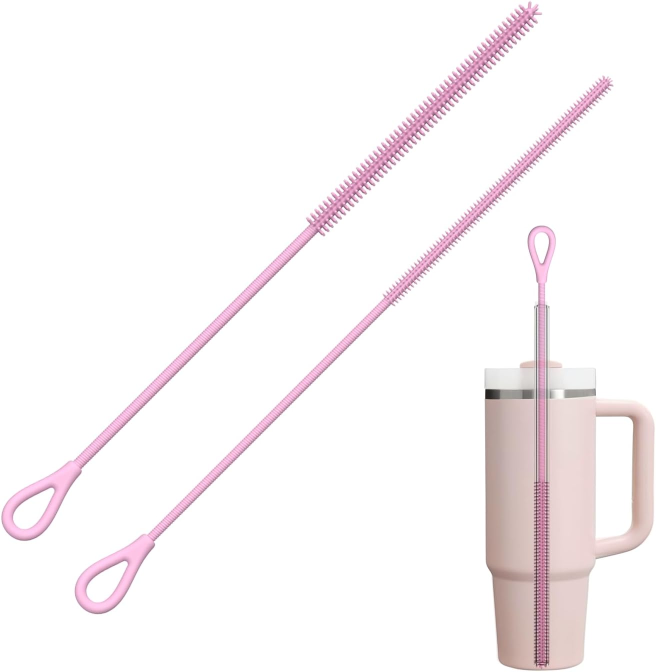 YOTIME Silicone Straw Cleaner Brush, 2Pcs Reusable Straw Brush Extra Long for Cleaning Tumbler with Handle and Glass Metal Smoothie Straws, Non-slip Handle Soft and Bendable, 6mm+9mm, Pink