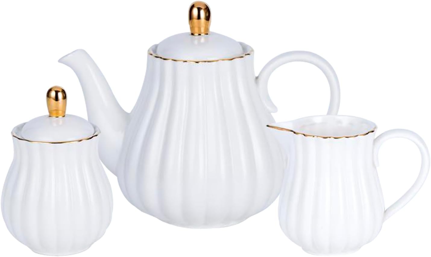 Jusalpha Fine China Pink Teapot and Creamer Sugar Bowl Set, TW (White)