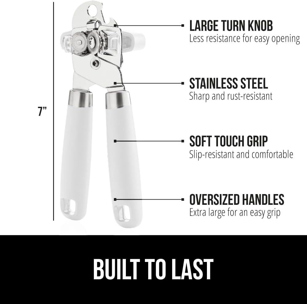 GORILLA GRIP Heavy Duty Stainless Steel Smooth Edge Manual Can Opener and Bottle Openers, Soft Comfortable Handle, Oversized Handheld Turn Knob, US Designed Multifunctional Kitchen Tool, White