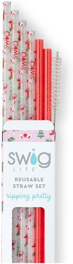 Swig Life Reusable Straws Howdy Holidays + Red Glitter Tall Straw Set & Cleaning Brush, Each Straw is 10.25 inch Long (Fits Swig Life 20oz Tumblers, 22oz, and 32oz Tumblers)