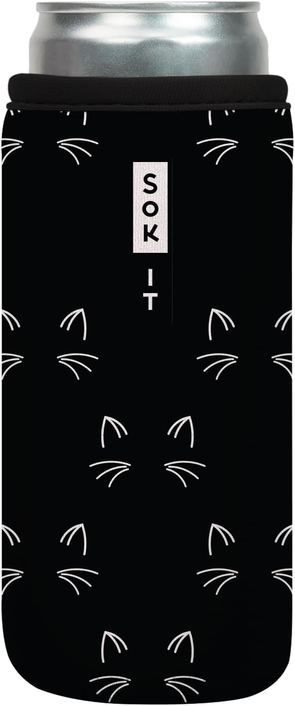 Sok It CanSok Sleeve for Beer & Soda Insulated Neoprene Cover (Mystical Meows, 12oz Slim Can Sleeve)