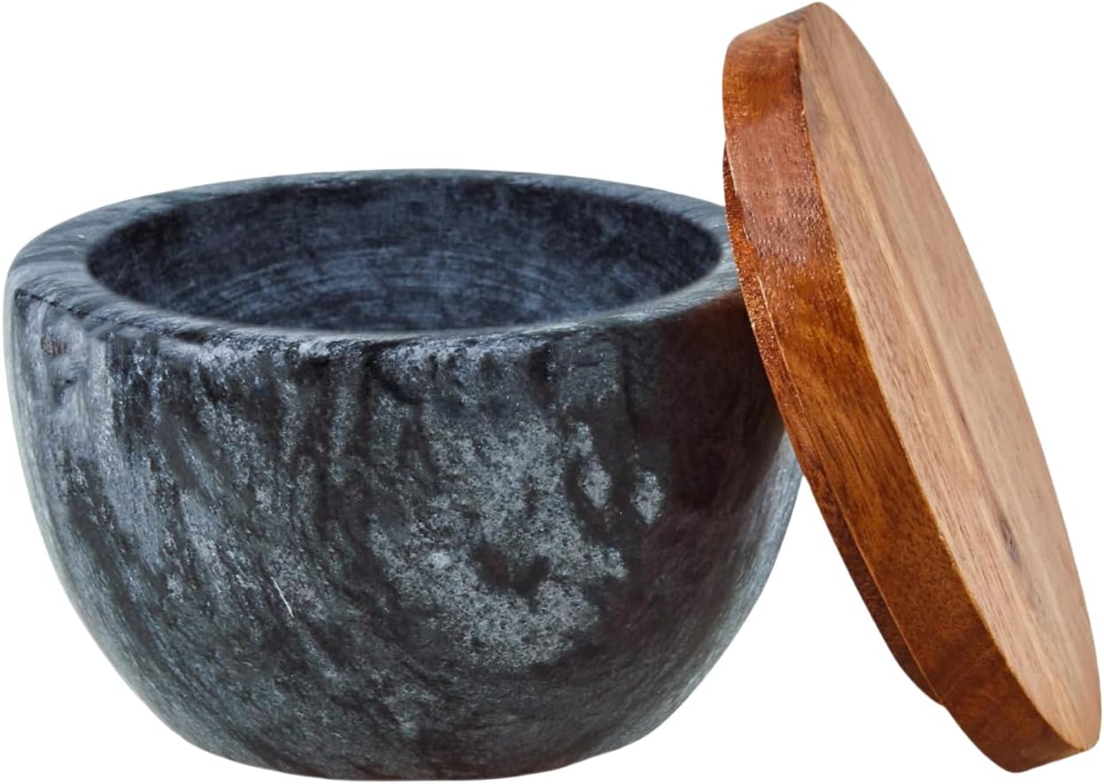 Marble Salt Cellar with Wood Lid, Natural Stone Salt box, Spice Bowl Salt Holder, Seasoning Keeper Pepper Jar, Salt Container for Countertop Kitchen