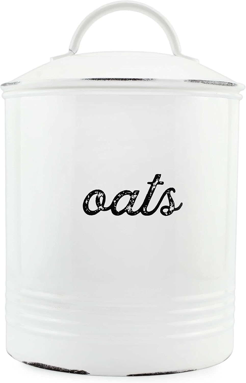 AuldHome Design Farmhouse Enamelware Oatmeal Canister (White); Rustic Distressed Style Oats Storage for Kitchen