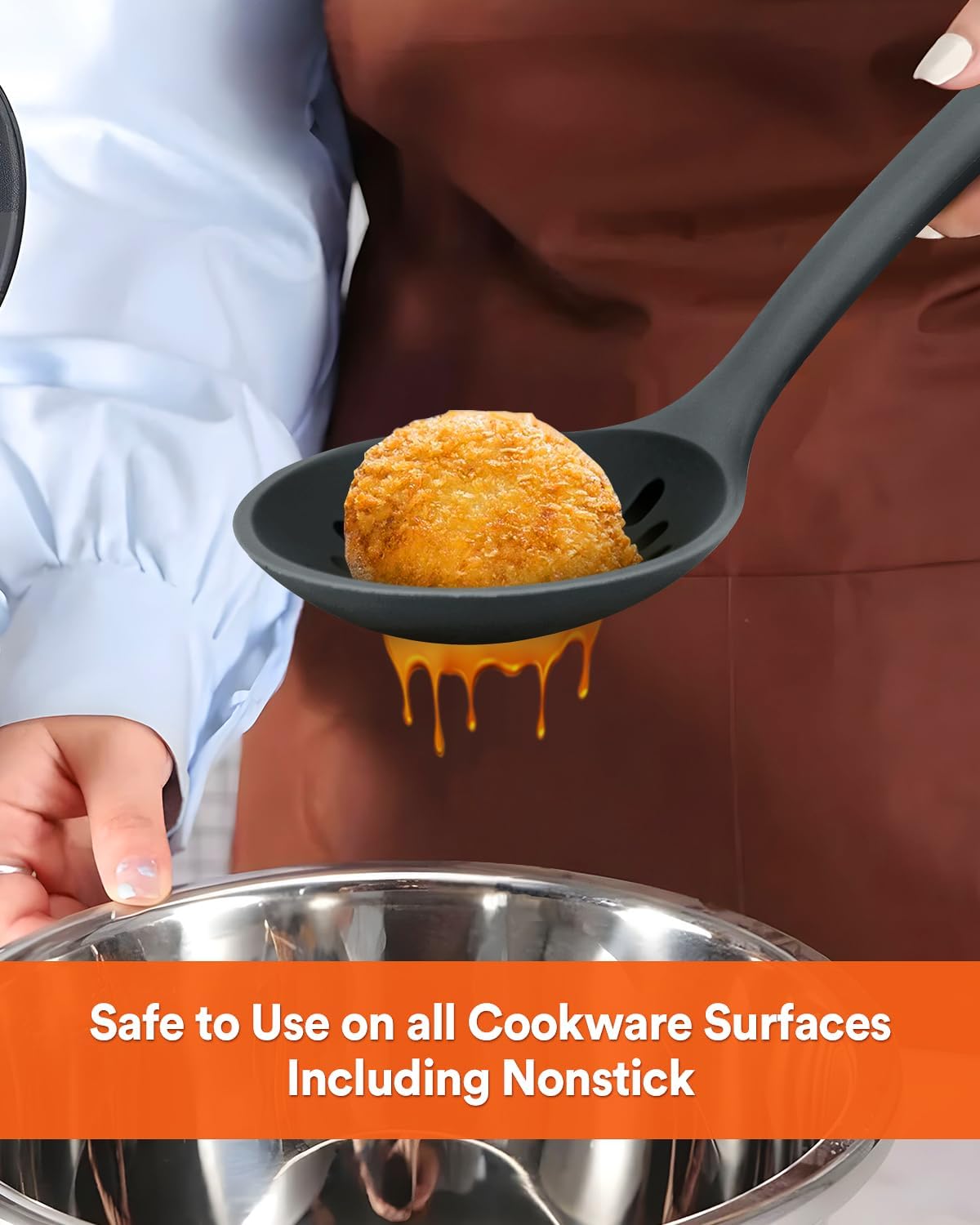 Kitchen Ladle Strainer, Large Slotted Spoon with High Heat Resistant BPA Free, Non Stick Cooking Skimmers For Draining & Frying, 13.2inch (Grey)