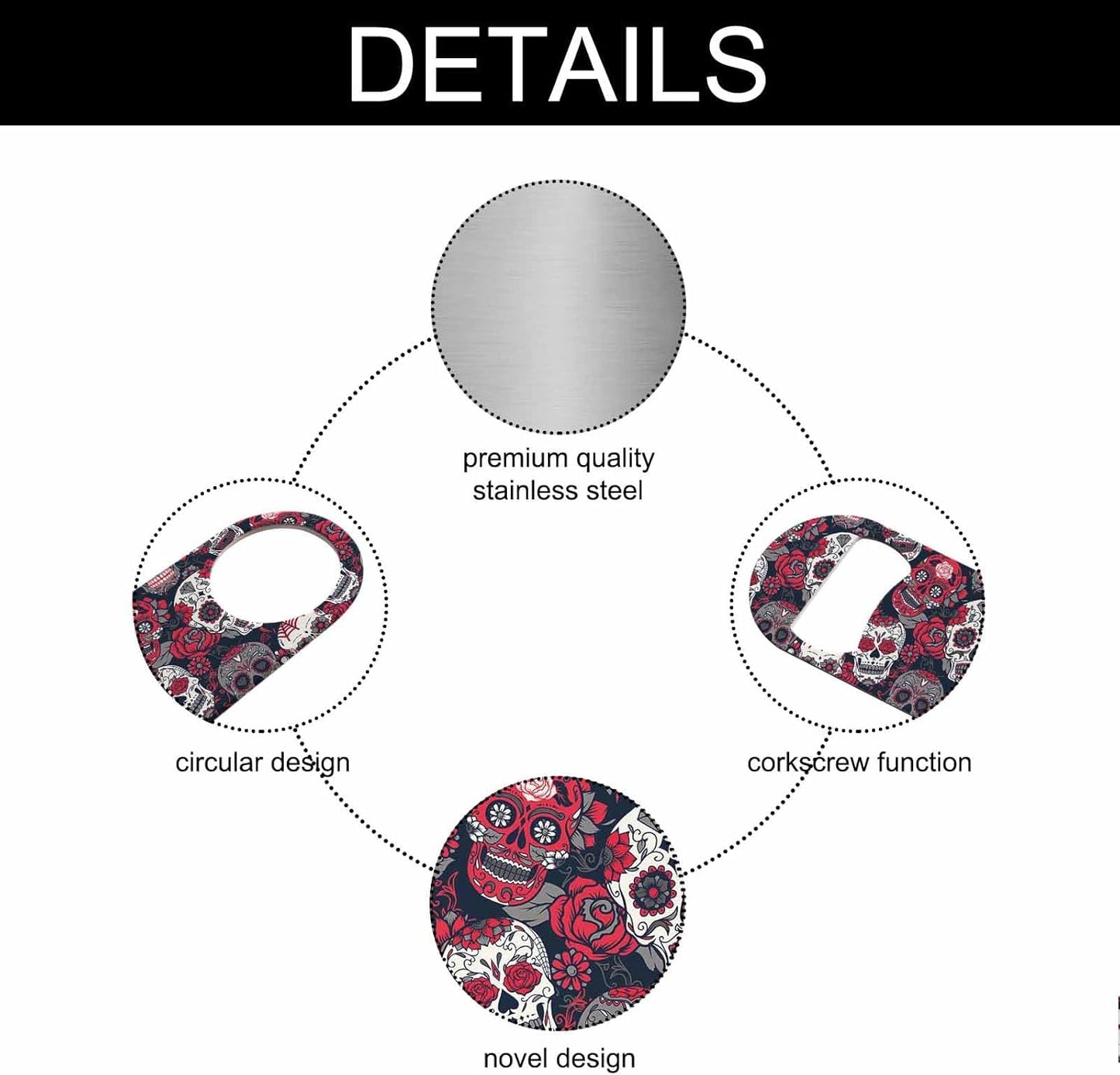 Skull and Flowers Stainless Steel Bottle Opener Day of The Dead Skull Red Peony Rock Roll Fashion Style Flat Beer Bottle Opener Keychain for Home Kitchen Bar Restaurant Party Birthday Gift