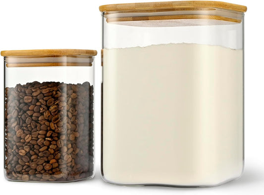 122oz 41oz Airtight Glass Square Storage Canister with Bamboo Lid Set of 2(3600ml*1 1200ml*1) Large Storage Container Gallon Glass Jars, for Sugar, Flour, and Coffee bean (with Black Lable)