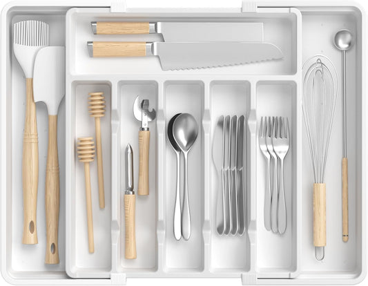 Large Silverware Organizer,Expandable Utensil Drawer Organizer,BPA Free Utensil Holder,Adjustable Silverware Tray Cutlery Drawer Organizer for Kitchen Flatware,Large,White (6-8 Slots)