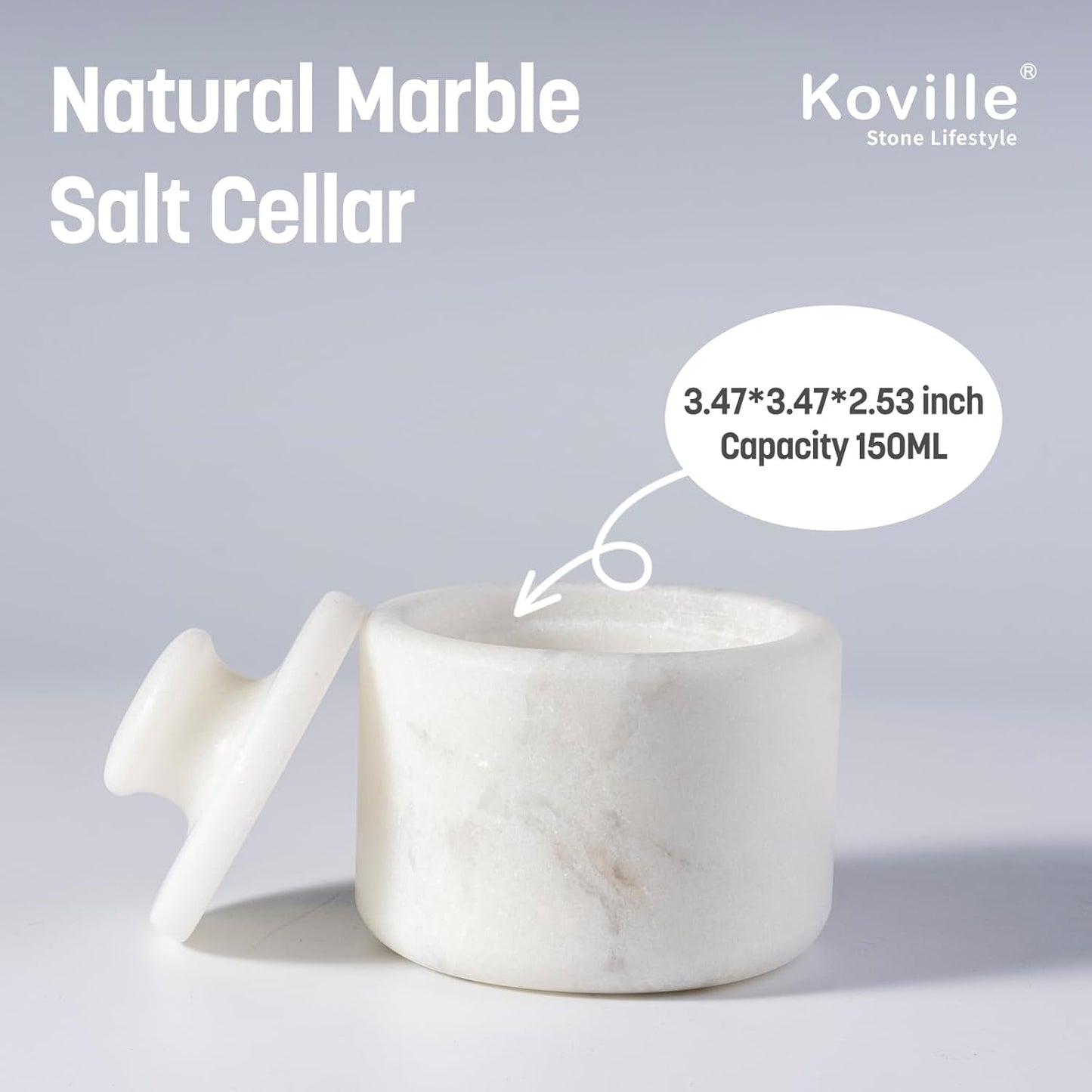 Koville Marble Salt Cellar with Lid 3.5" White, Stone Pepper Container & Spice Jars for Kitchen, Marble Salt and Pepper Holder, Stone Storage Box for Kitchen Counter, Spice Jar(Namib Fantasy White)