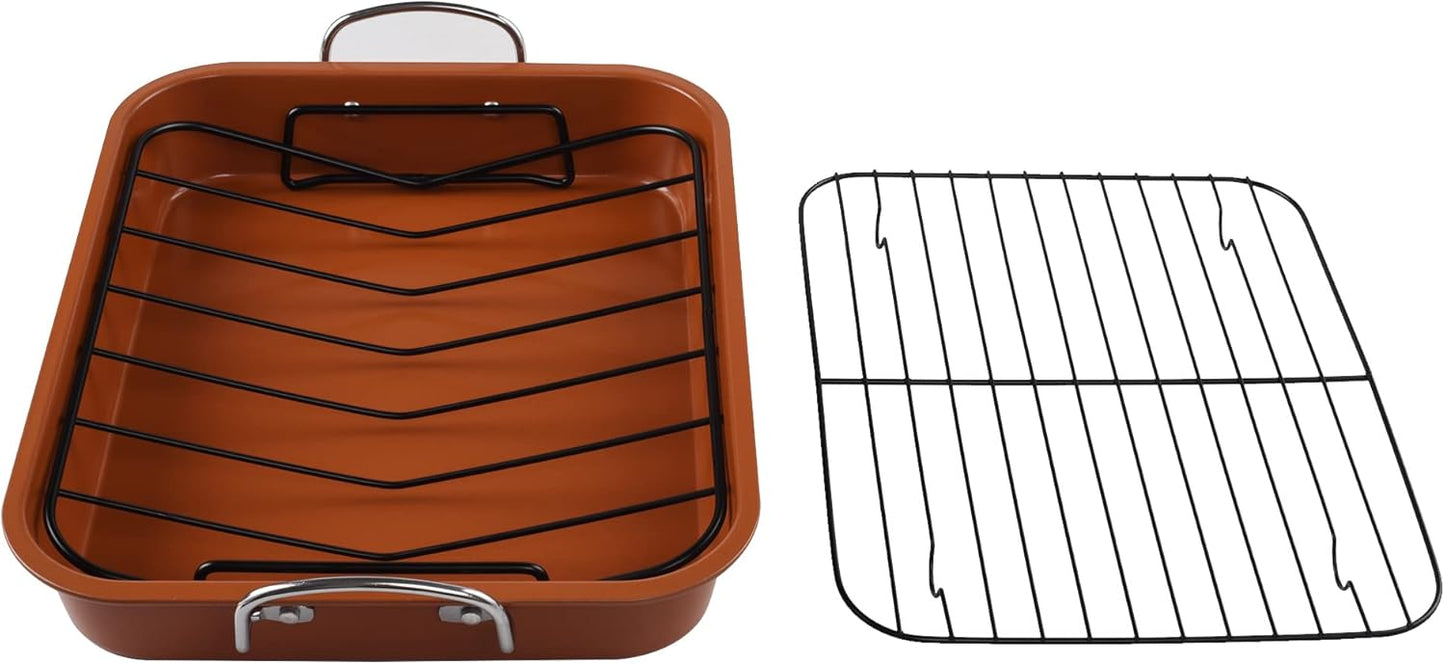 KitCom Nonstick Roasting Pan, Roaster with Cooling Rack and V-Rack - 16 Inch Rectangular Turkey Roaster Lasagna Pan for Easter, Thanksgiving & Christmas, Dishwasher Safe, Bronze