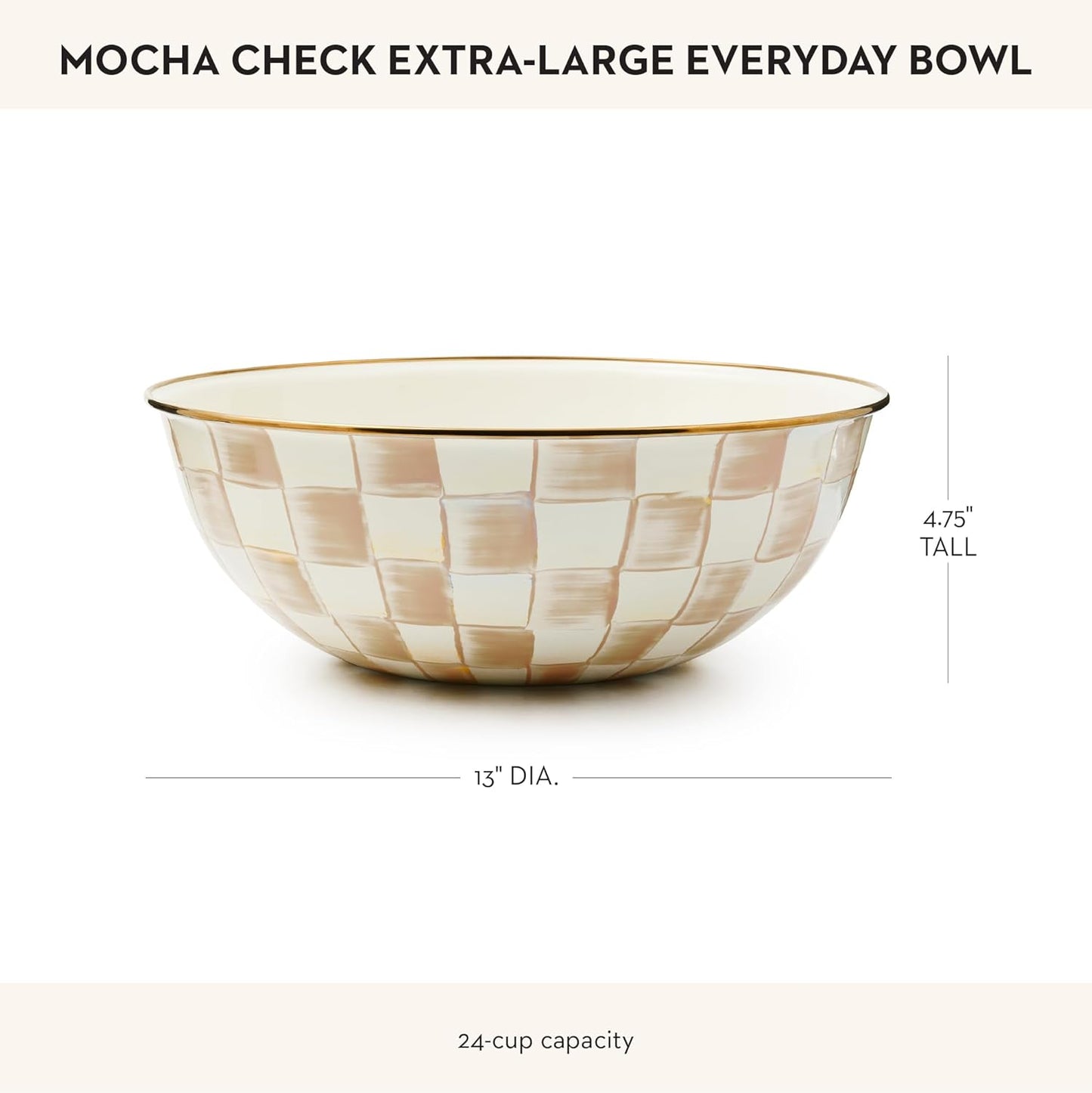 MACKENZIE-CHILDS Enamel Everyday Bowl, Serving Bowl for Entertaining, Extra Large, Brown-and-White Mocha Check