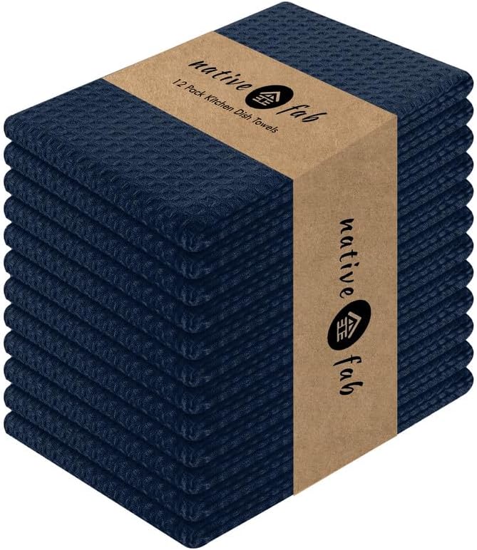 Native Fab Cotton Kitchen Towel with Hanging Loop 16x26 inches, 12-Pack, Waffle Weave Kitchen Towels for Cleaning Drying, Washcloths Soft & Absorbent Cloth Rags, Bar Towel, Dish Cloth, Navy