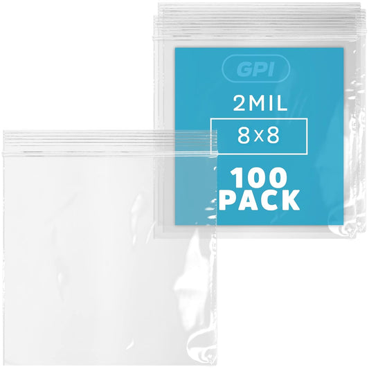 GPI - 8" x 8", Pack of 100, Clear Plastic Reclosable Zip Bags, Large, Bulk 2 mil Thick Strong & Durable Poly Baggies with Resealable Zip Top Lock for Travel, Storage, Packaging & Shipping.