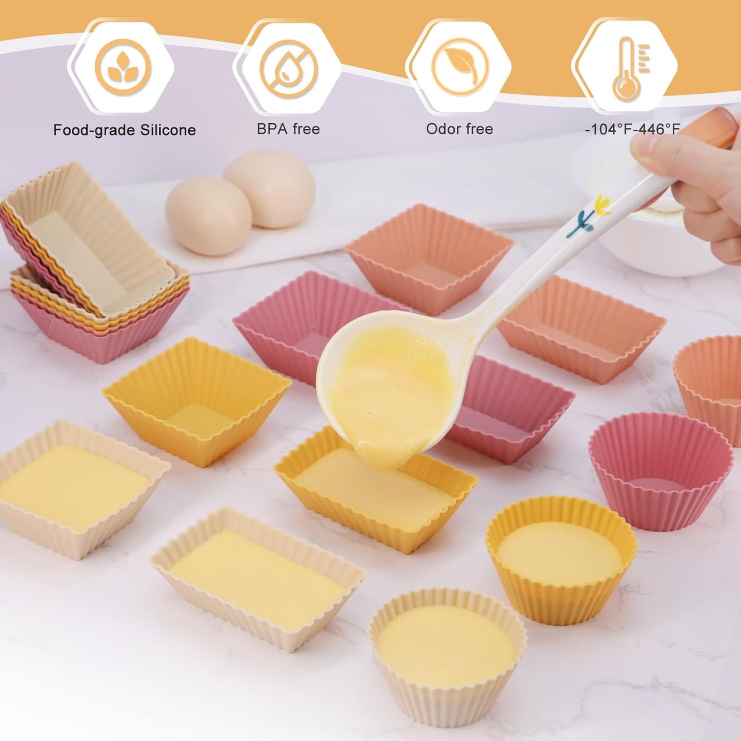 24Pack Silicone Muffin Cups, Reusable Cupcake Liners Molds for Baking, 3 Shapes Lunch Box Bento Dividers-Round, Square, and Rectangular (Orange Series, Regular Size)