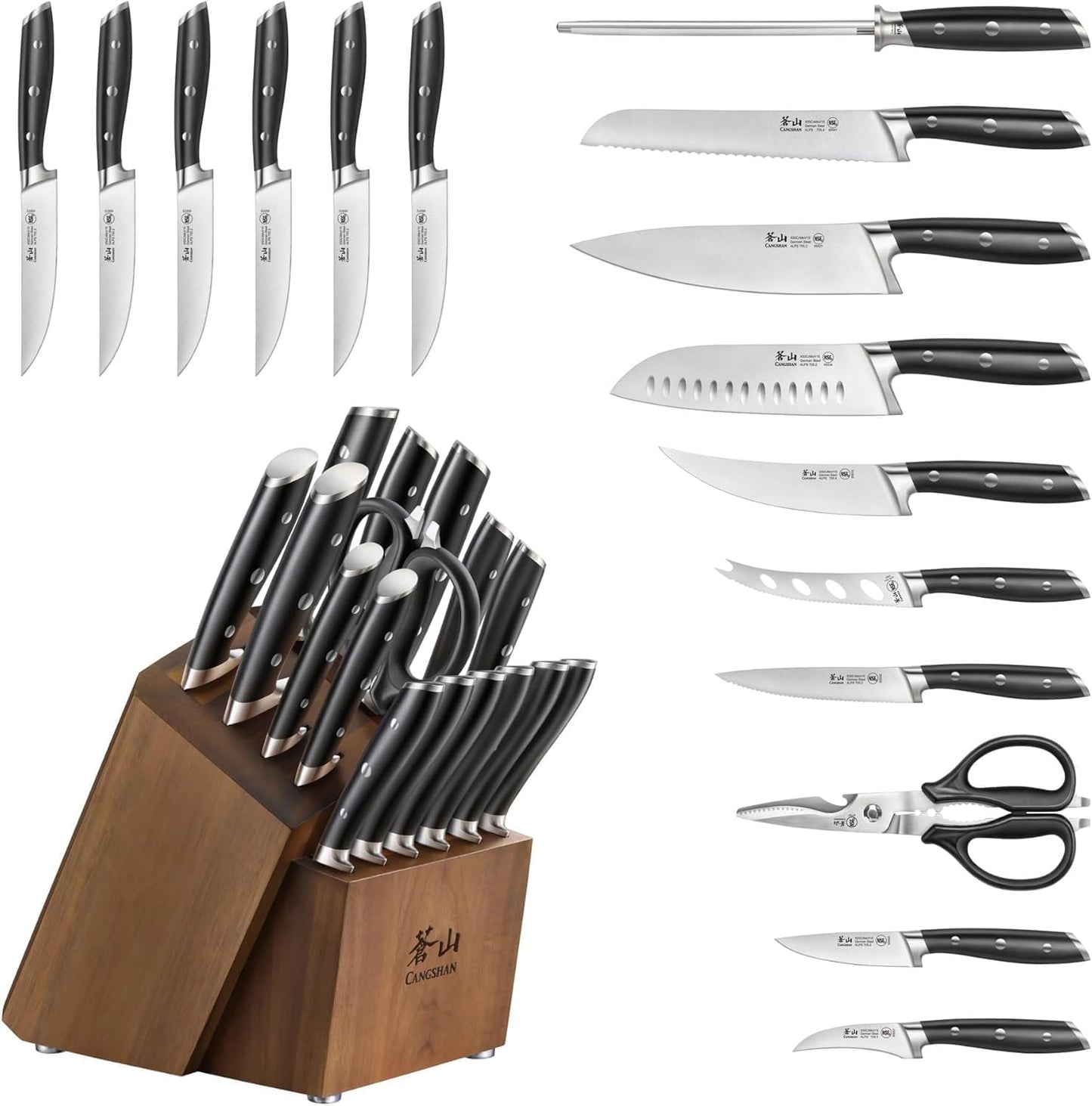 Cangshan Alps Series German Steel Forged 17-Piece Knife Block Set, Acacia (Black)