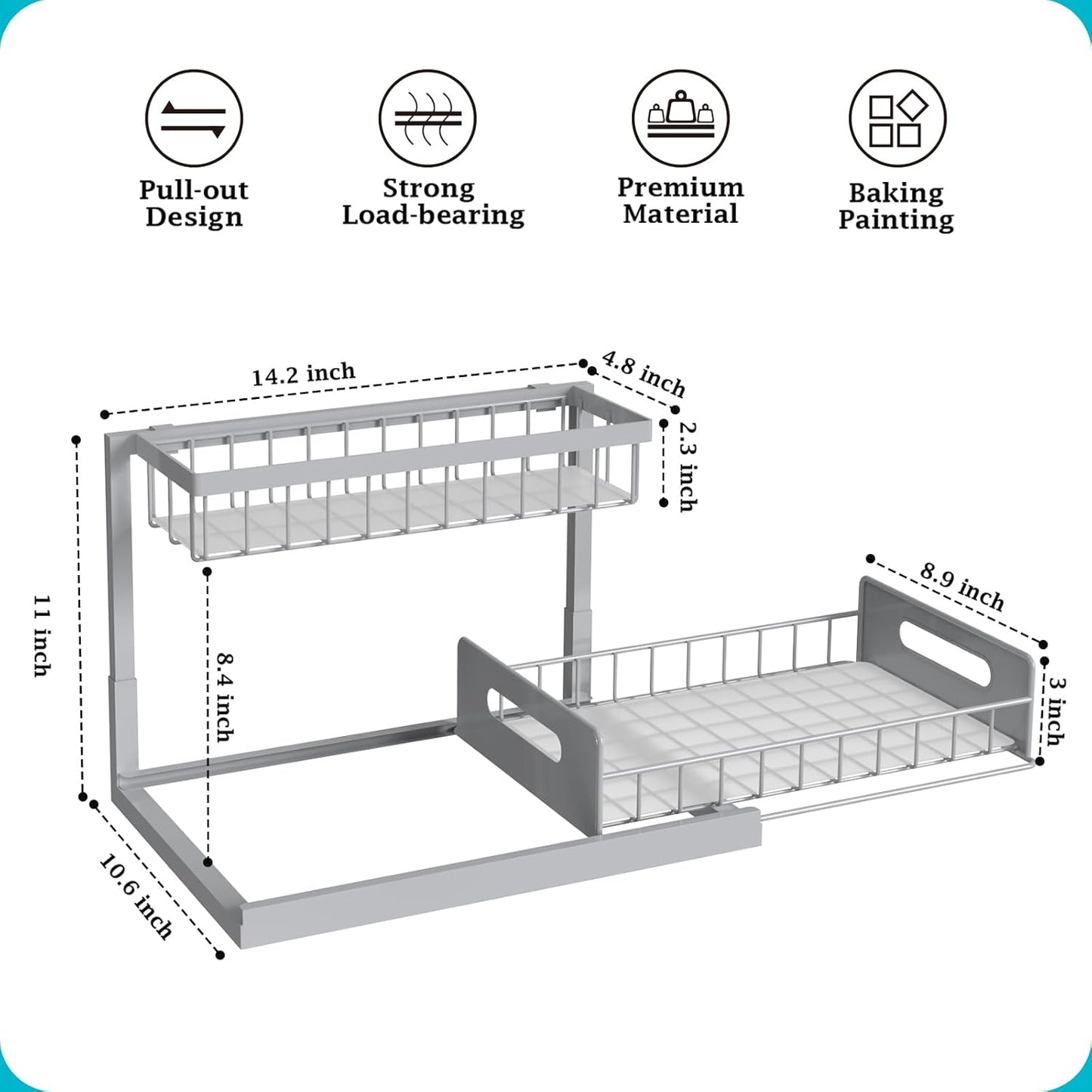 REALINN Under Sink Organizer, Pull Out Cabinet Organizer 2 Tier Slide Out Sink Shelf Cabinet Storage Shelves, Storage for Kitchen Bathroom, Grey, 1 Pack