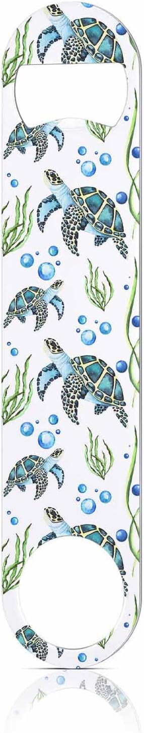 Watercolor Turtles Stainless Steel Bottle Opener Swimming Green Seaweed Blisters Freedom Leisure Ocean Animals Flat Beer Bottle Opener Keychain for Home Kitchen Bar Restaurant Party Gift
