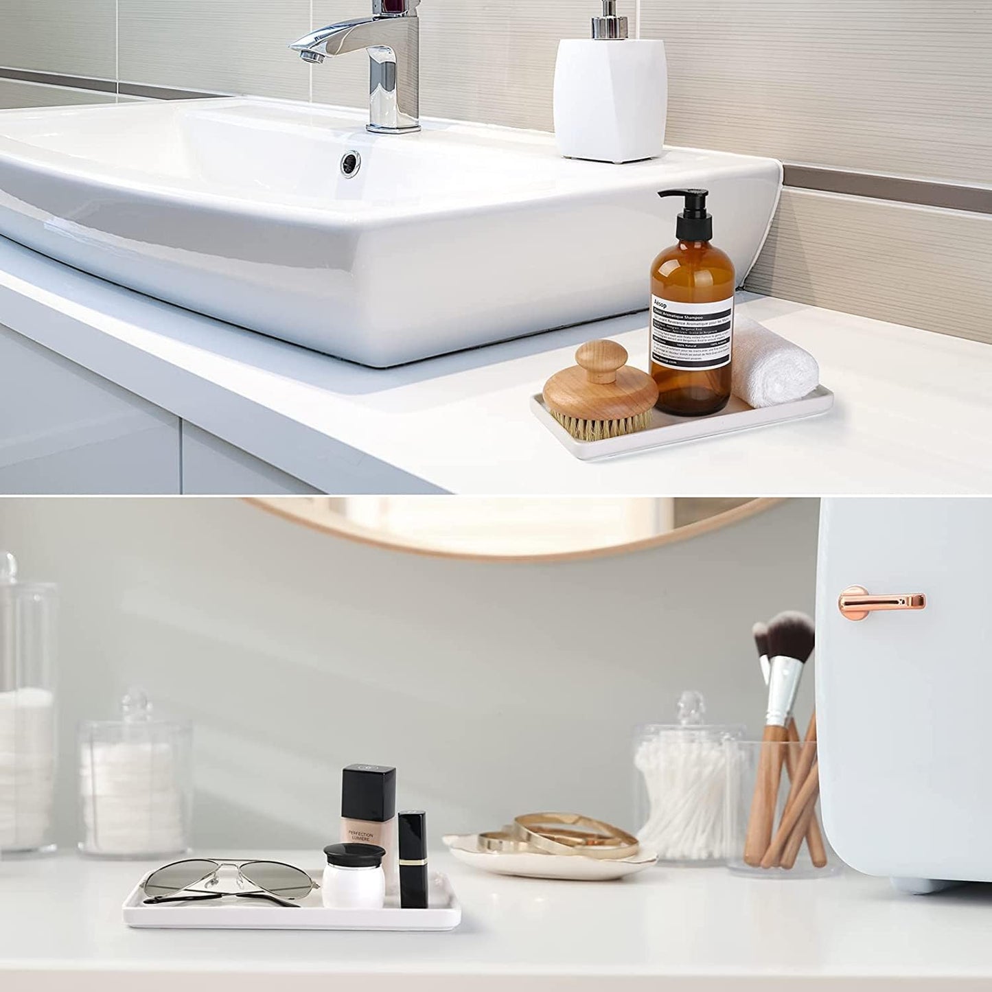 Gurygo 2 Pack 8"/10" Bathroom Trays, Ceramic Vanity Trays for Bathroom, Small Ceramic Tray, Kitchen Soap Tray for Kitchen Counter (White,Set/2)