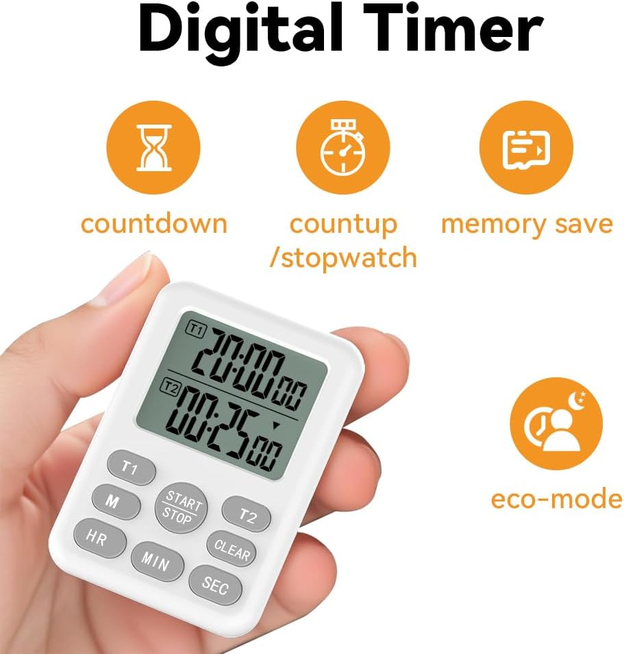 Dual Kitchen Timer Digital - 2 Channel for Cooking with Alarm, Large Display, Magnetic Back, Replaceable 3A Battery, Loud Food Timer, Modern White Design for Multi Timing Needs