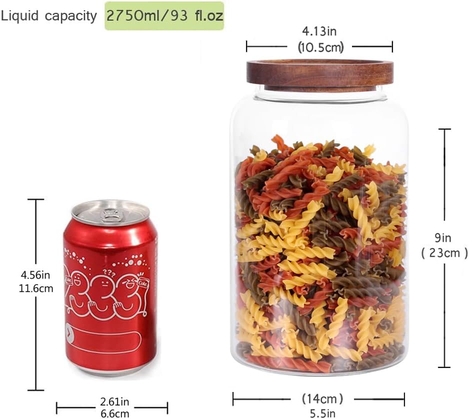 Large Glass Jar with Airtight Lid Set of 2 93 FL OZ(2750ml) glass canister set, Glass Food Containers Wooden Lid Suit for Kitchen Pantry for Flour, Tea, Coffee Beans, Sugar, Cookies(8.8 inch high)