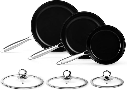 Stainless Steel Frying Pan Set with Lids, 6 Pieces Titanium Ceramic Frying Pans Nonstick W/Lid, Non Stick Egg Omelet Cooking Pan Set with Stay-Cool Handle, Induction Compatible, PFAS&PFTE Free