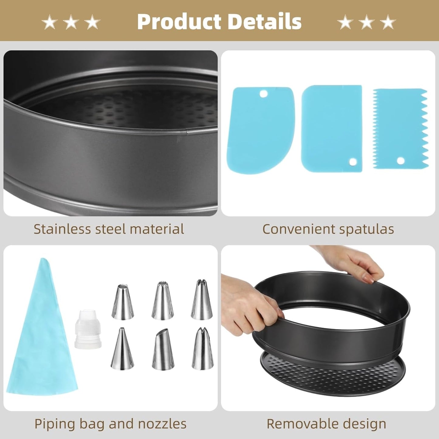Springform Cake Pans Set, 3 PCS Non-stick Cheesecake Pan with Removable Bottom (8.6/9.4/10.2 Inches), Leakproof Heart Round Square Shapes Cake Pan with Piping Tips, Cake Leveler