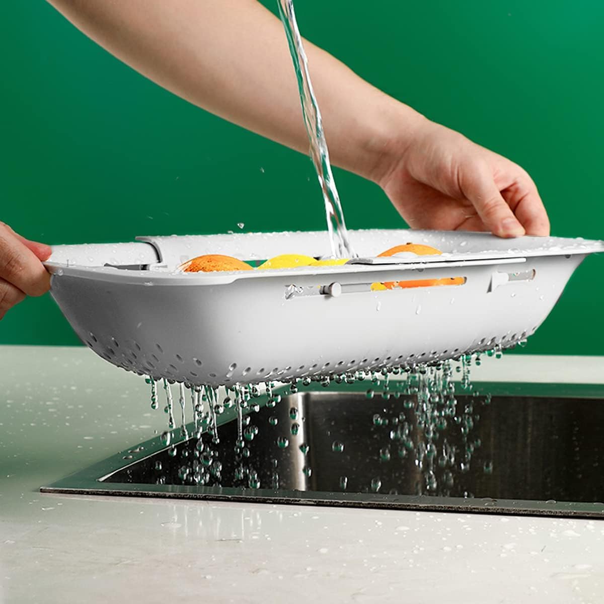 Collapsible Sink Colanders and Strainers Basket Over the Sink Colander Collapsible Colander Extendable Plastic Fruit Vegetable Strainer Drainer Basket for Kitchen(Length 14.3-19.4inch)(White Set of 2)