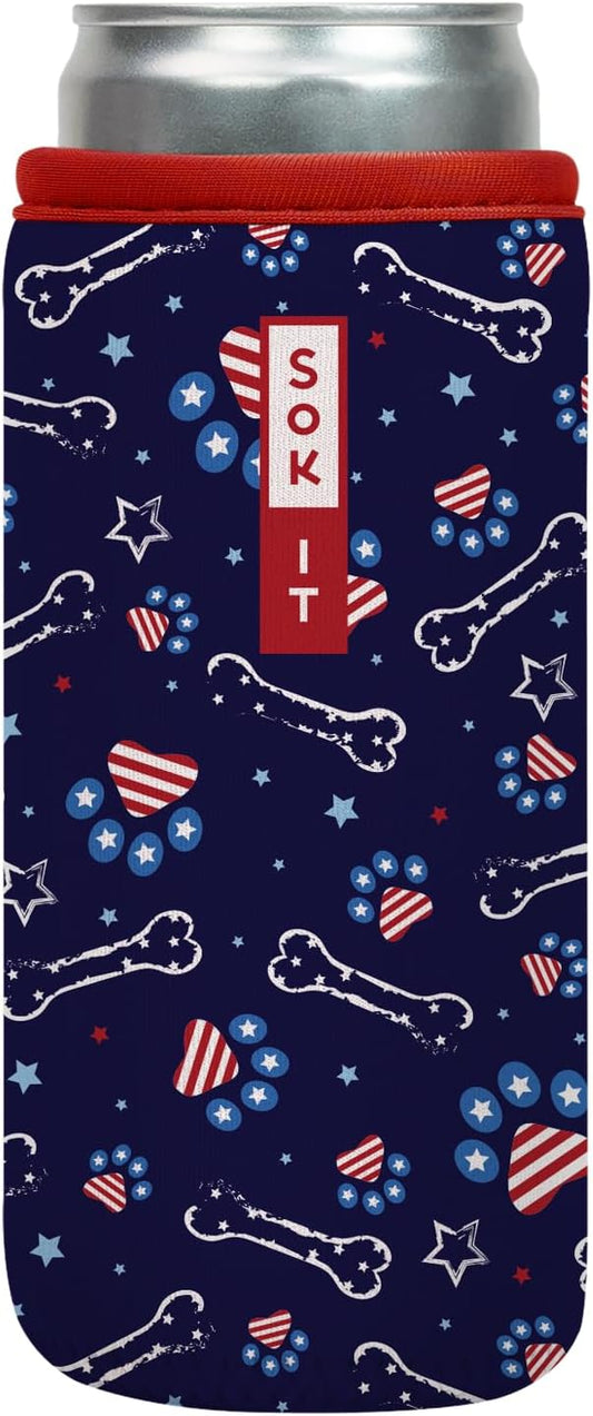 Sok It CanSok Sleeve for Beer & Soda Insulated Neoprene Cover (Patriotic Paws, 12oz Slim Can Sleeve)