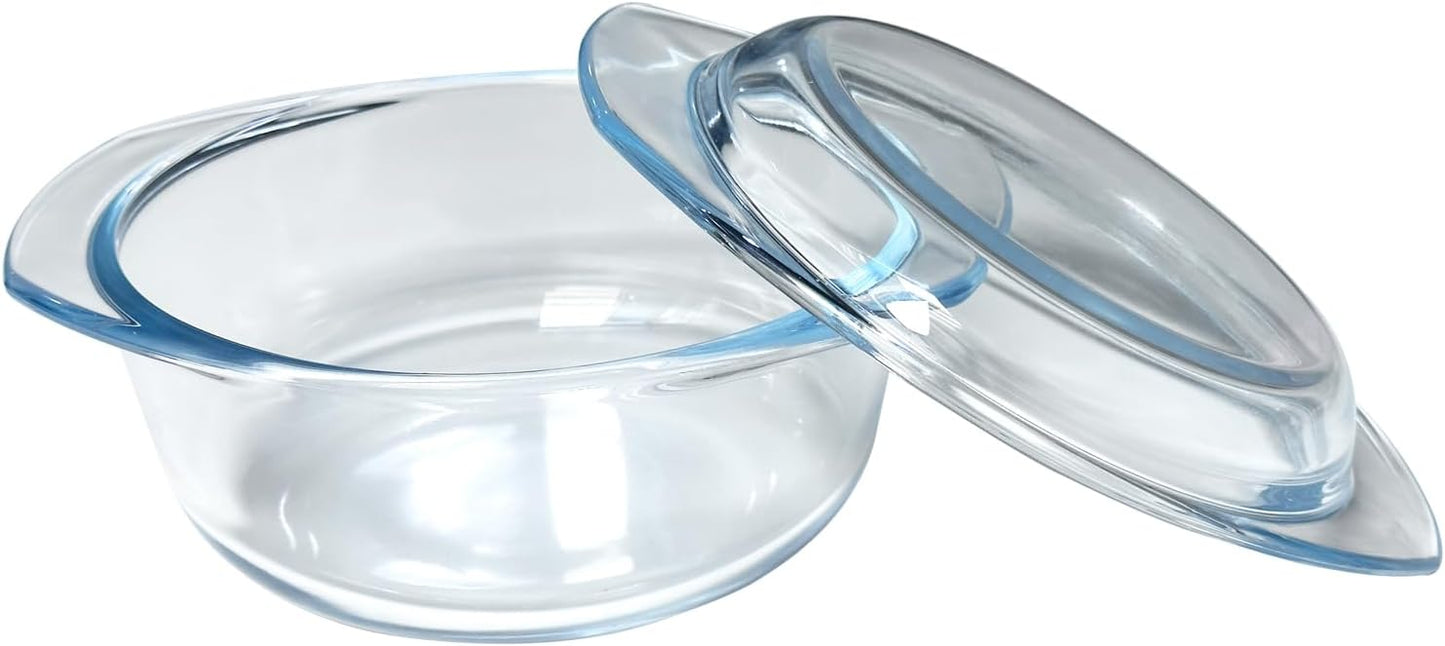 Small 1-QT Round Tempered Glass Casserole Dish with Lid, Mini Clear Glass Casserole Bowl with Glass Lid