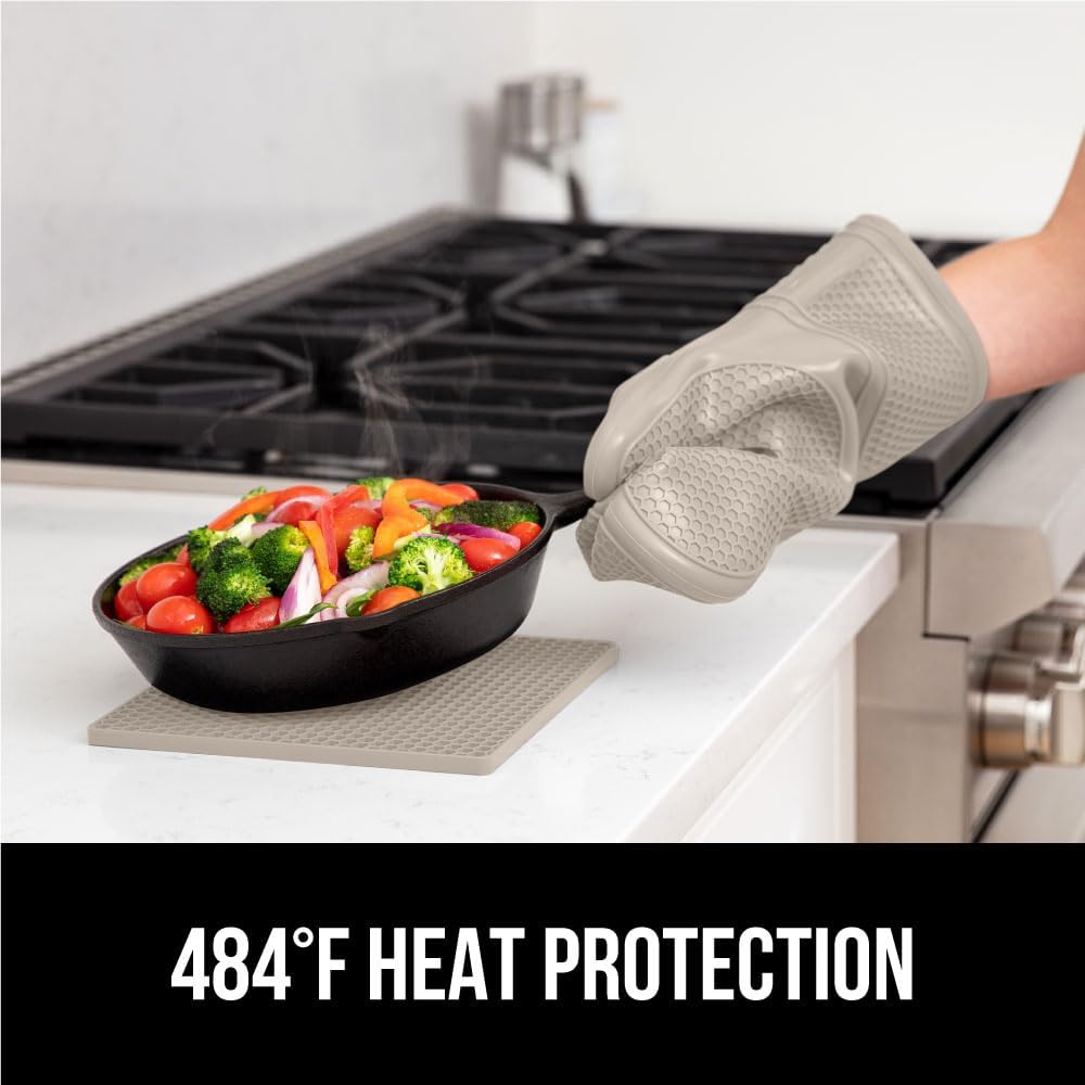 GORILLA GRIP BPA-Free Soft Silicone Oven Mitts and Pot Holders Sets of 4, Heat Resistant Waterproof Cooking Gloves, Thick Cotton Lining, Flexible Gripping for Baking Grilling, Kitchen Trivets, Almond