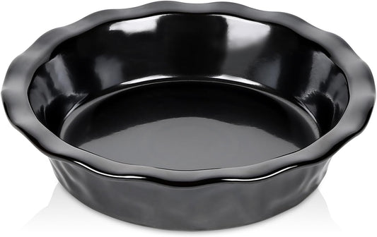 vicrays Ceramic Pie Pan for Baking - 9 inch Pie Plate, Round, Fluted and Deep Pie Dish for Tart, Pizza, Apple Pie, Quiche, Pot Pies, Cake - Reactive Glaze (Black)