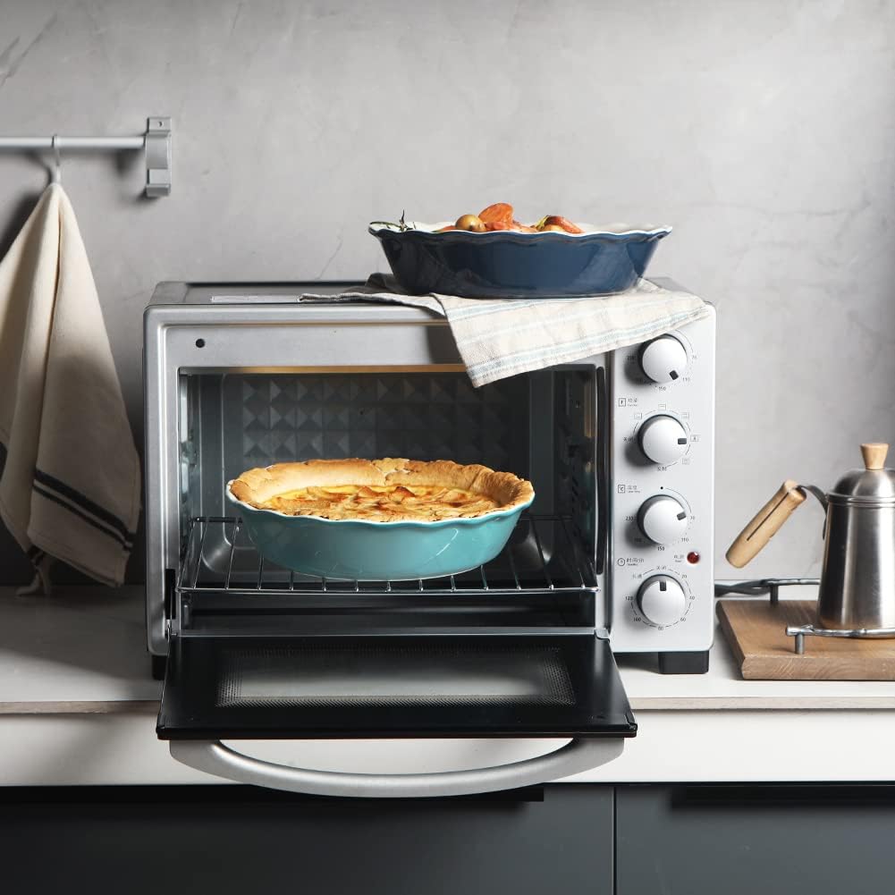 Sweejar Ceramic Pie Pan - 10 Inch Round Baking Dish for Dinner, Non-Stick with Soft Wave Edge for Apple, Pumpkin, Pot Pies (Turquoise)