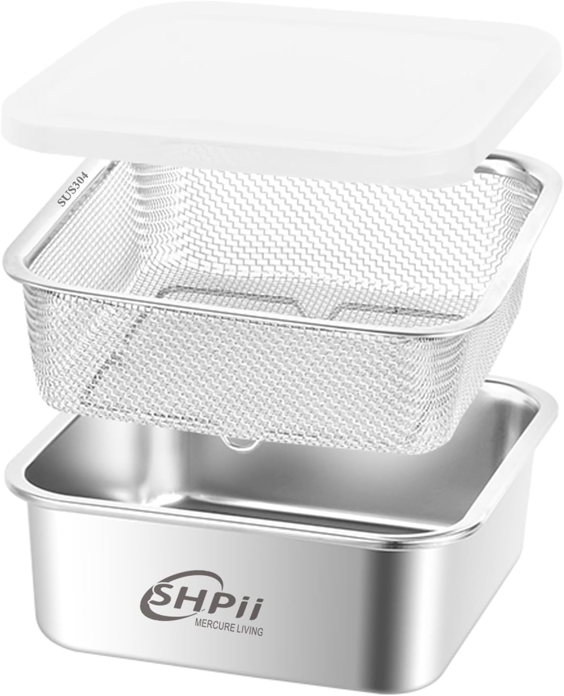 Square Colander Set, 304 Stainless Steel with PE Lid, Storage Container, Tofu Drainer, Back of House Preparation, Washing and Drainage Tools, Refrigerator Storage, Picnic Party (2000ML)