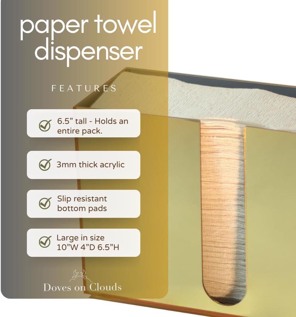 Paper Towel Dispenser Countertop, Gold Paper Towel Holder Countertop, Acrylic Folded Napkin Holder for Kitchen, Countertop Multifold C-Fold, Z-Fold, Trifold Paper Hand Towel Dispenser for Bathroom