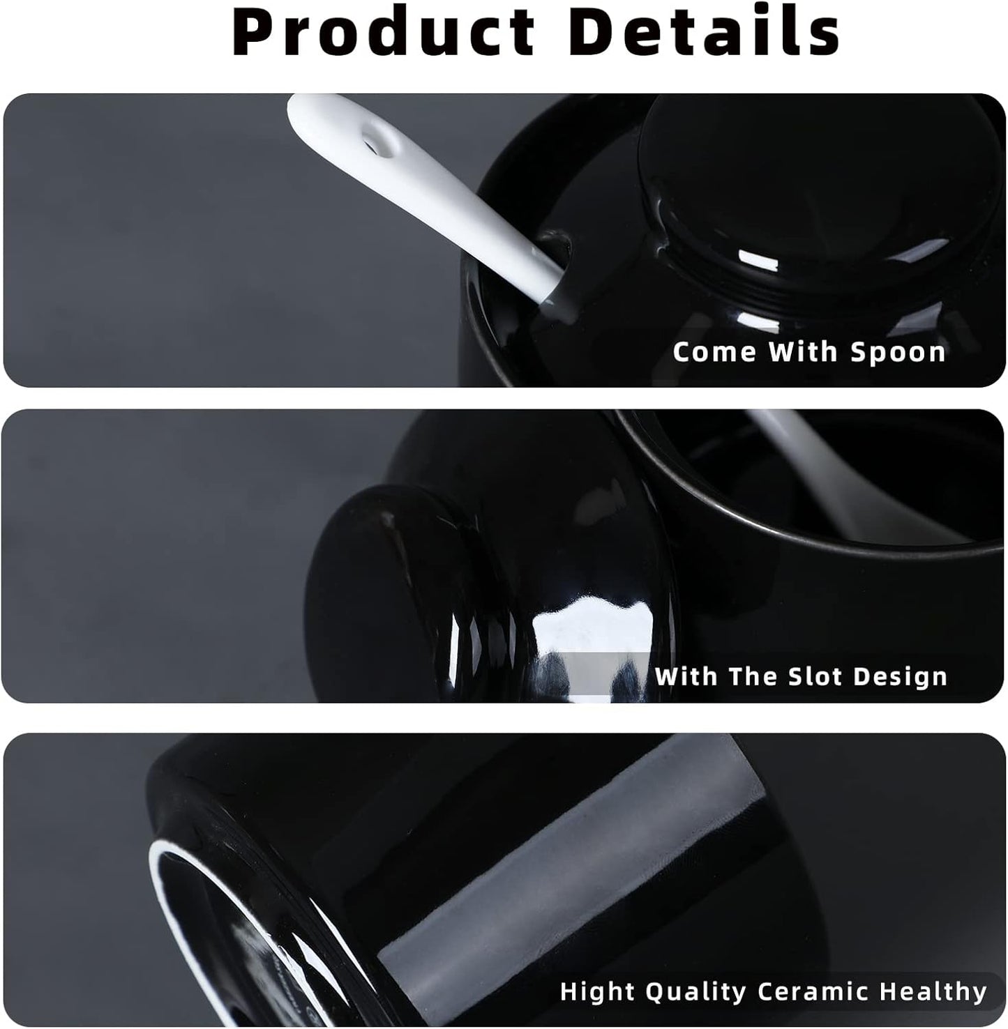 ONTUBE Ceramic Sugar Bowl with Lid and Spoon,Porcelain Seasoning Box Salt Bowl,8oz (Black)