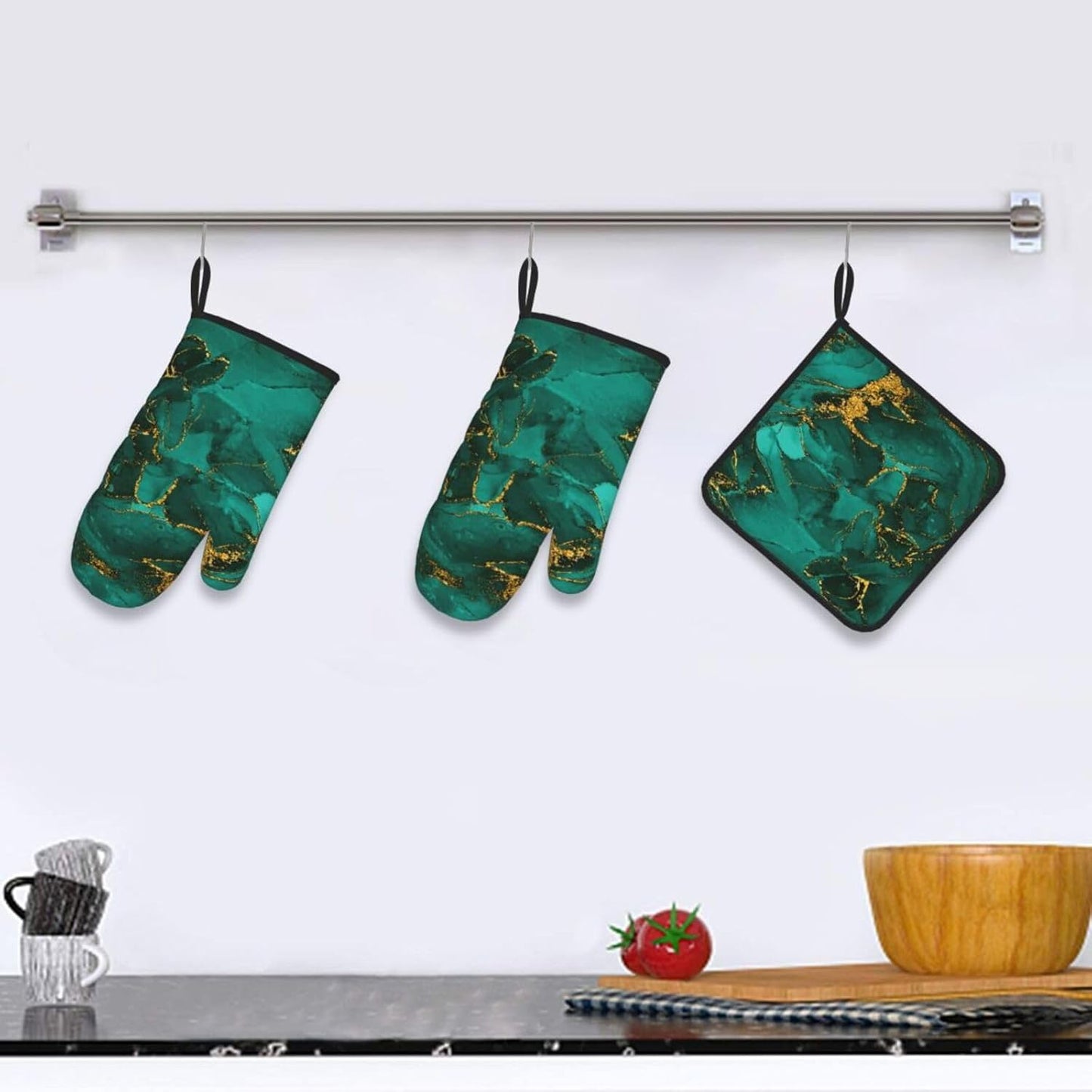 Turquoise Marble Oven Mitts and Pot Holders Sets of 3 Emerald Dark Green Hot Pads Heat Resistant Non Slip Washable for Cooking Grilling Baking BBQ Kitchen Decor