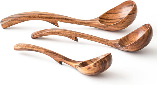Gudamaye 3 Size Wooden Soup Ladles Set,3 Hooks for Bowl,Pot. Natural Teak Wooden Ladle,10.6 inch Big Soup Ladle, 9 inch Serving Spoon & 8 inch Wood Ladles for Cooking,Teak Deep Ladle Spoons