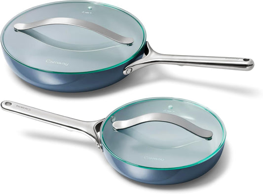 Caraway Ceramic Fry Pan Duo with Glass Lids - Non-Stick Frying Pans (10.5” & 8”) - Non Toxic, PTFE & PFOA Free - Oven Safe & Compatible with All Stovetops – Navy