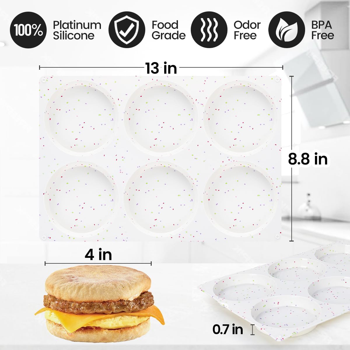 CAKETIME 4 Inch Muffin Top Pans Non Stick, Jumbo Silicone Egg Molds for Breakfast Sandwiches Round Baking Pan for Oven English Muffins, Whoopie Pies, Corn Bread, Egg Bites, Tarts 3 Pack