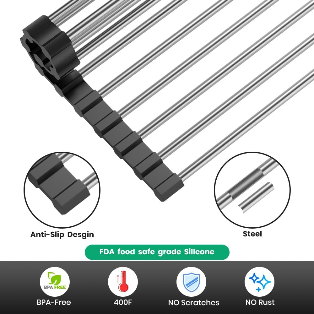 Roll Up Dish Drying Rack, Stainless Kitchen Accessories, Foldable Dish Rack, Anti-Slip Design Sink Counter Storage, Over The Sink Dish Rack, Stainless Steel, ((17.5" x 12") Black)